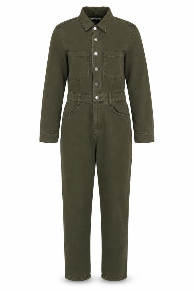 Mango Women Green M Denim Utility Collared Long Sleeve Jumpsuit