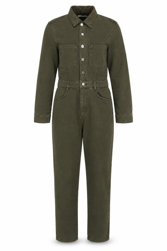 Mango Women Green M Denim Utility Collared Long Sleeve Jumpsuit
