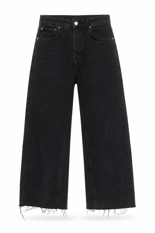 Topshop Moto Women Black W28 L32 High Rise Wide-Leg Raw Hem Jeans