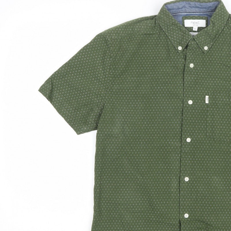Next Men Green M Regular Fit Geometric Button-Down Short Sleeve Shirt