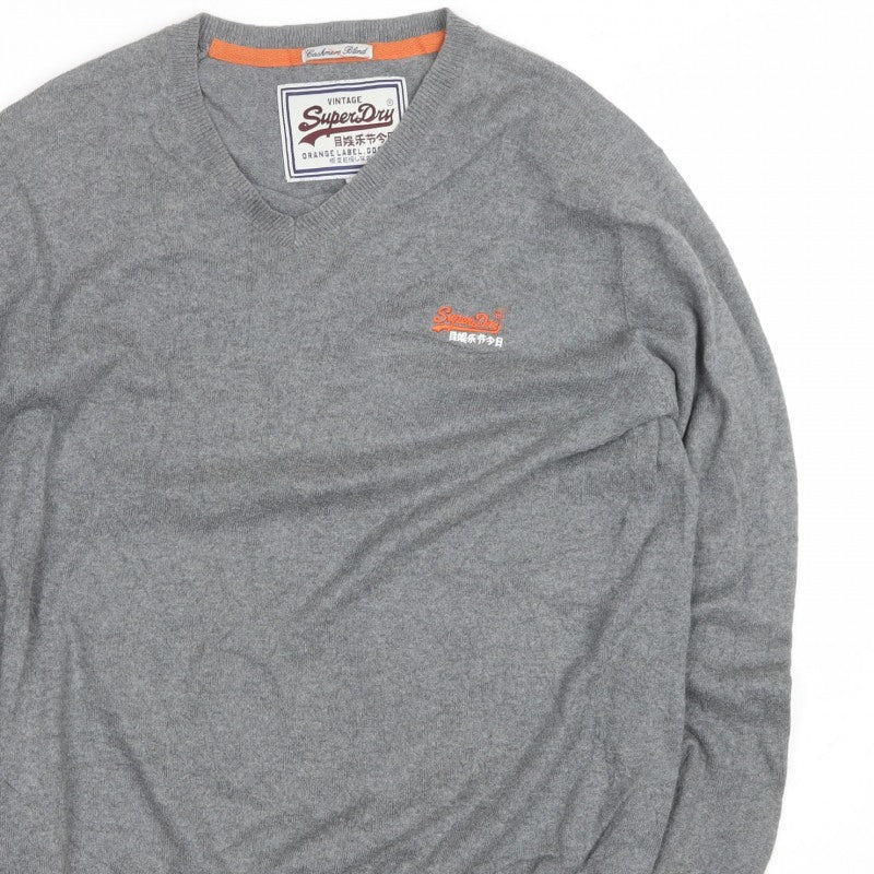 Superdry Men’s Grey L V-Neck Cashmere Blend Logo Pullover Jumper