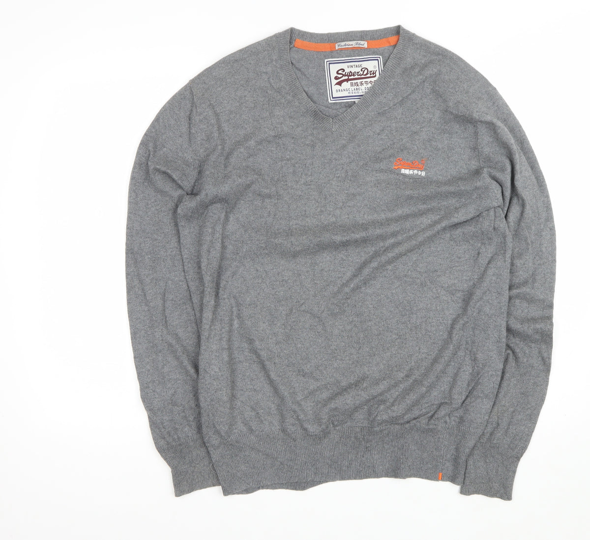 Superdry Men’s Grey L V-Neck Cashmere Blend Logo Pullover Jumper