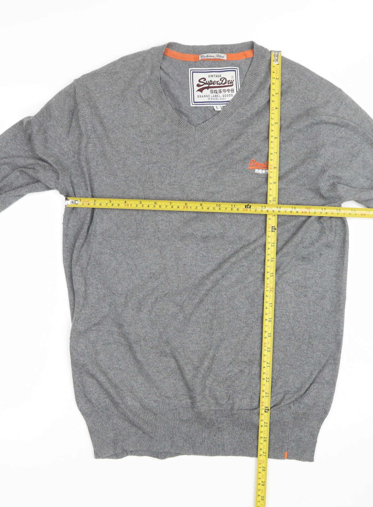 Superdry Men’s Grey L V-Neck Cashmere Blend Logo Pullover Jumper
