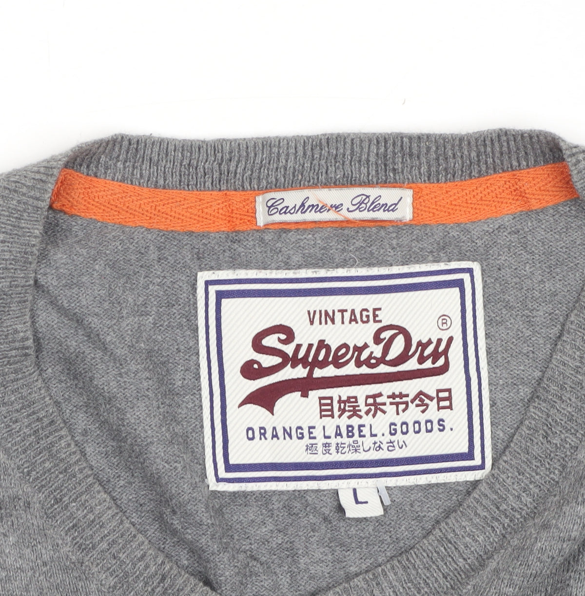 Superdry Men’s Grey L V-Neck Cashmere Blend Logo Pullover Jumper