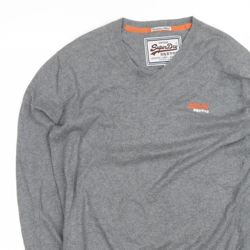 Superdry Men’s Grey L V-Neck Cashmere Blend Logo Pullover Jumper