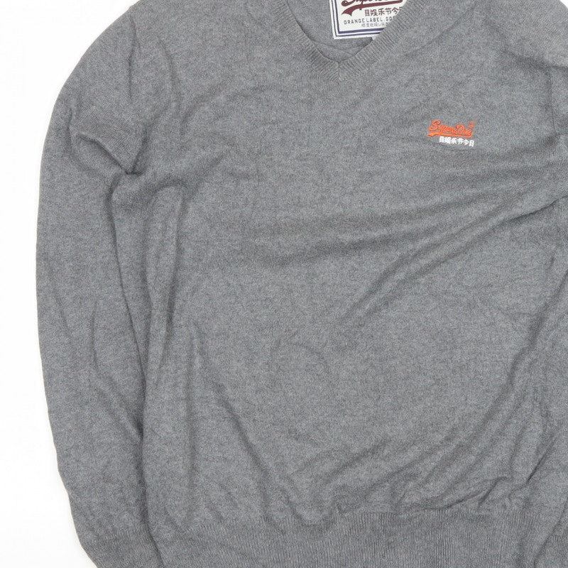 Superdry Men’s Grey L V-Neck Cashmere Blend Logo Pullover Jumper