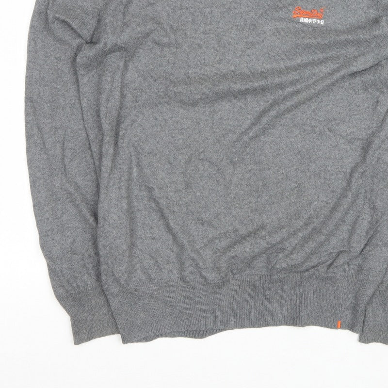 Superdry Men’s Grey L V-Neck Cashmere Blend Logo Pullover Jumper