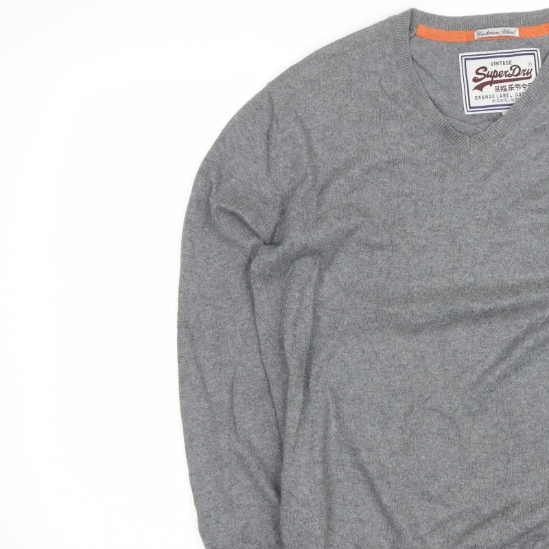 Superdry Men’s Grey L V-Neck Cashmere Blend Logo Pullover Jumper