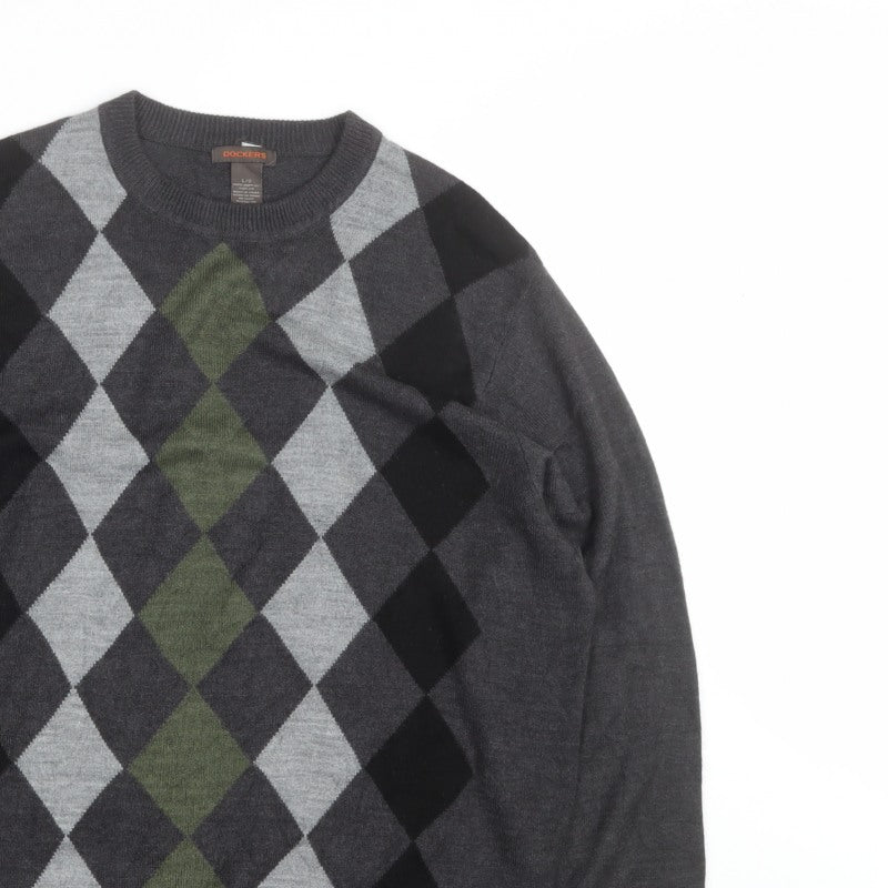 Dockers Men's Grey Argyle Crew Neck Pullover Jumper Size L