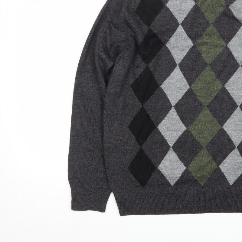Dockers Men's Grey Argyle Crew Neck Pullover Jumper Size L