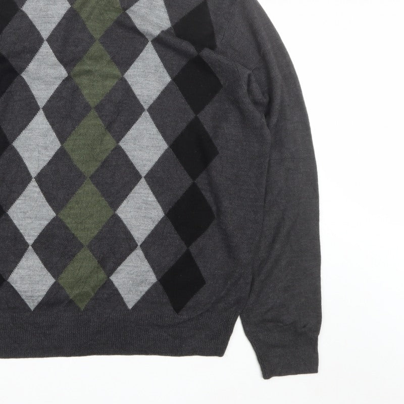 Dockers Men's Grey Argyle Crew Neck Pullover Jumper Size L