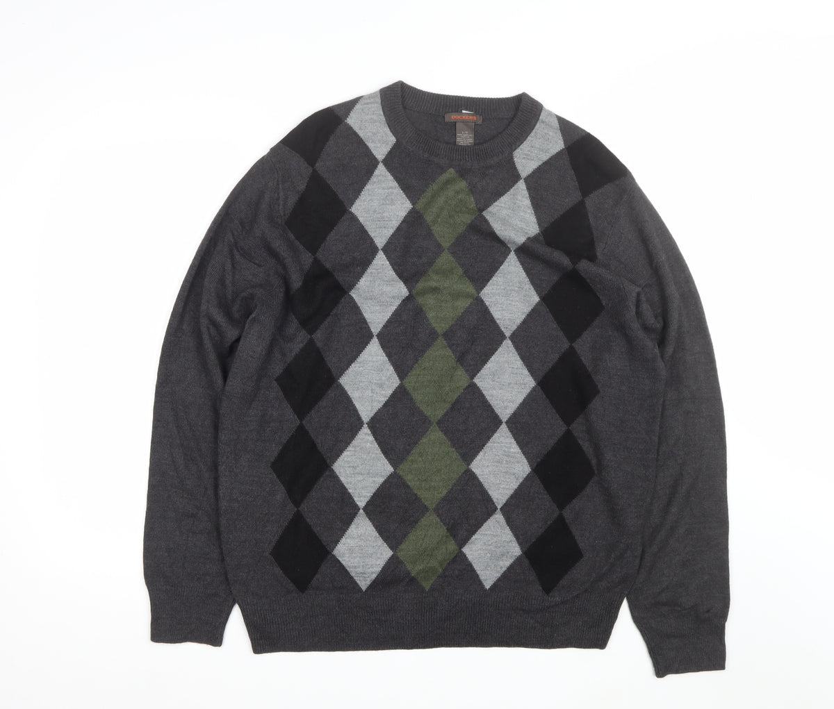 Dockers Men's Grey Argyle Crew Neck Pullover Jumper Size L