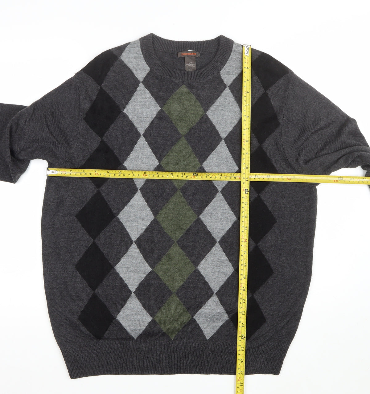 Dockers Men's Grey Argyle Crew Neck Pullover Jumper Size L