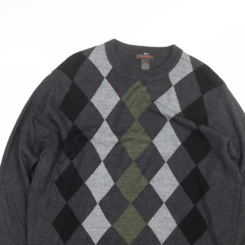 Dockers Men's Grey Argyle Crew Neck Pullover Jumper Size L