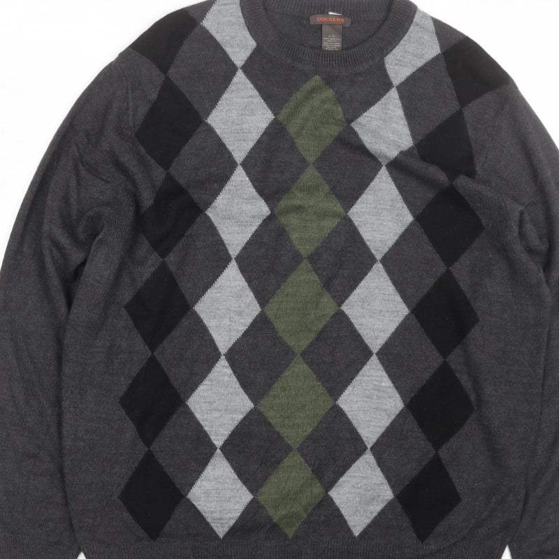 Dockers Men's Grey Argyle Crew Neck Pullover Jumper Size L