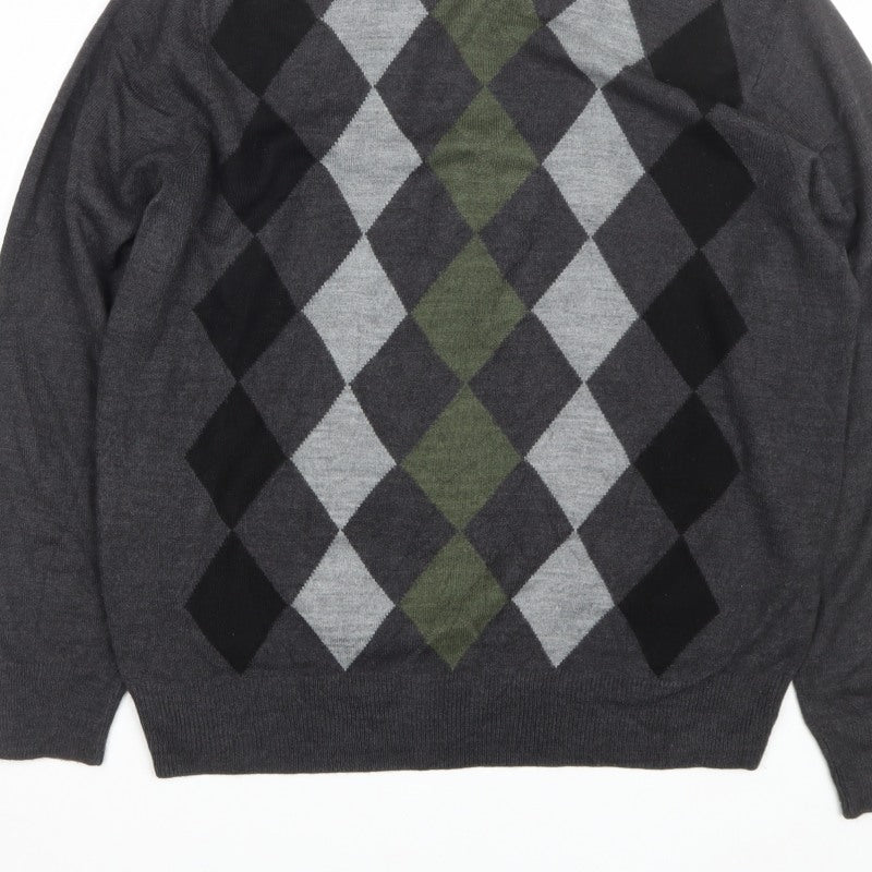 Dockers Men's Grey Argyle Crew Neck Pullover Jumper Size L