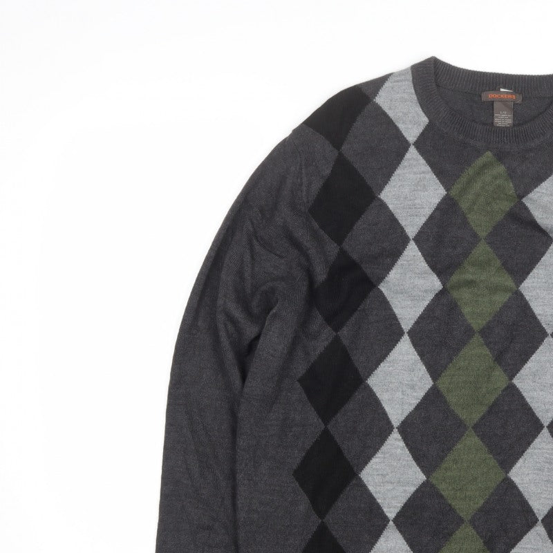 Dockers Men's Grey Argyle Crew Neck Pullover Jumper Size L