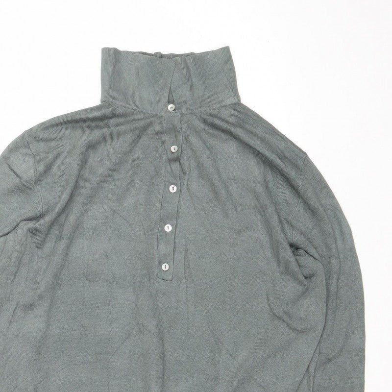 Basics Men's Green M Button Henley High Neck Fine Knit Jumper