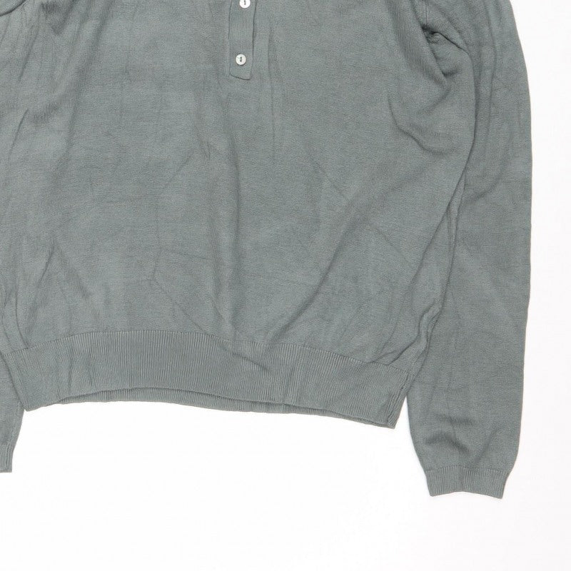 Basics Men's Green M Button Henley High Neck Fine Knit Jumper