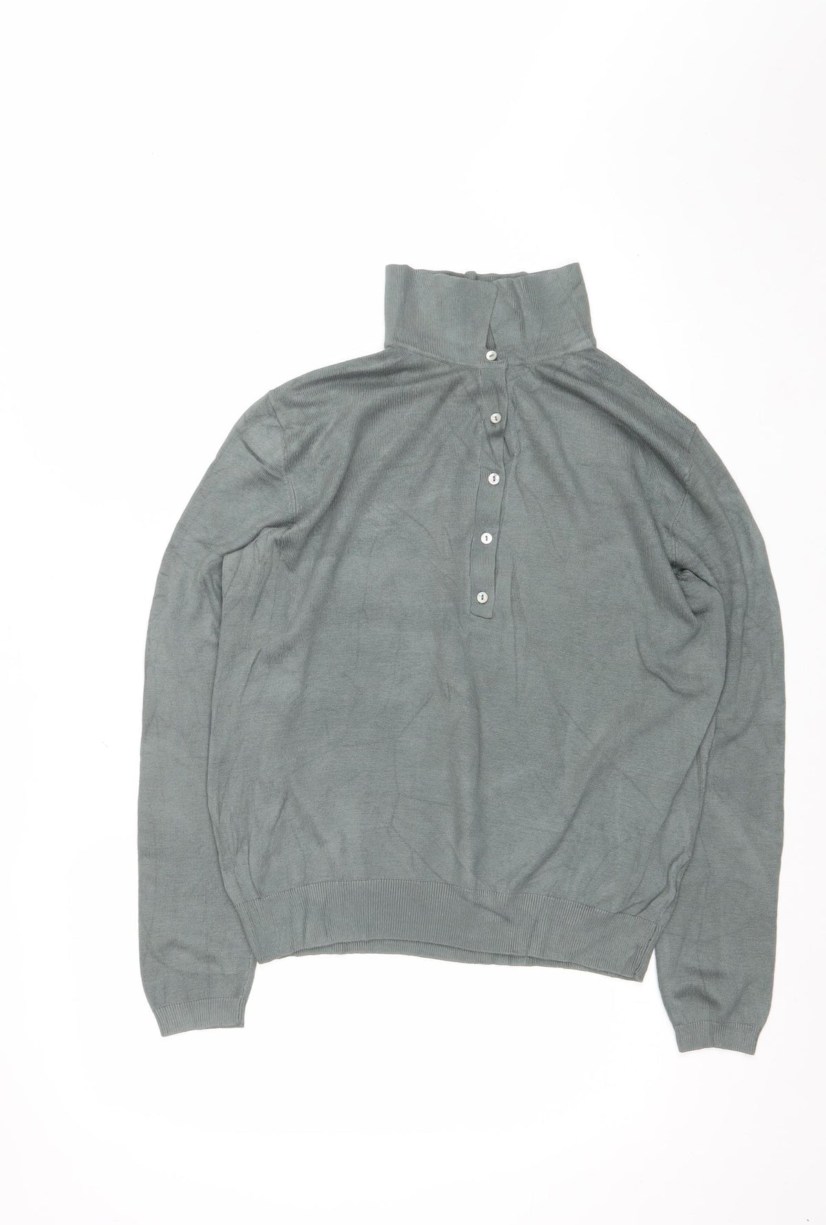 Basics Men's Green M Button Henley High Neck Fine Knit Jumper