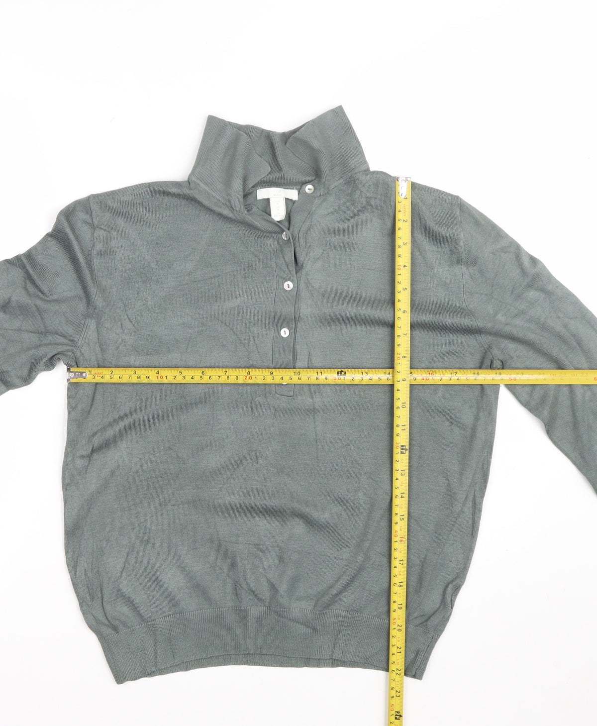 Basics Men's Green M Button Henley High Neck Fine Knit Jumper