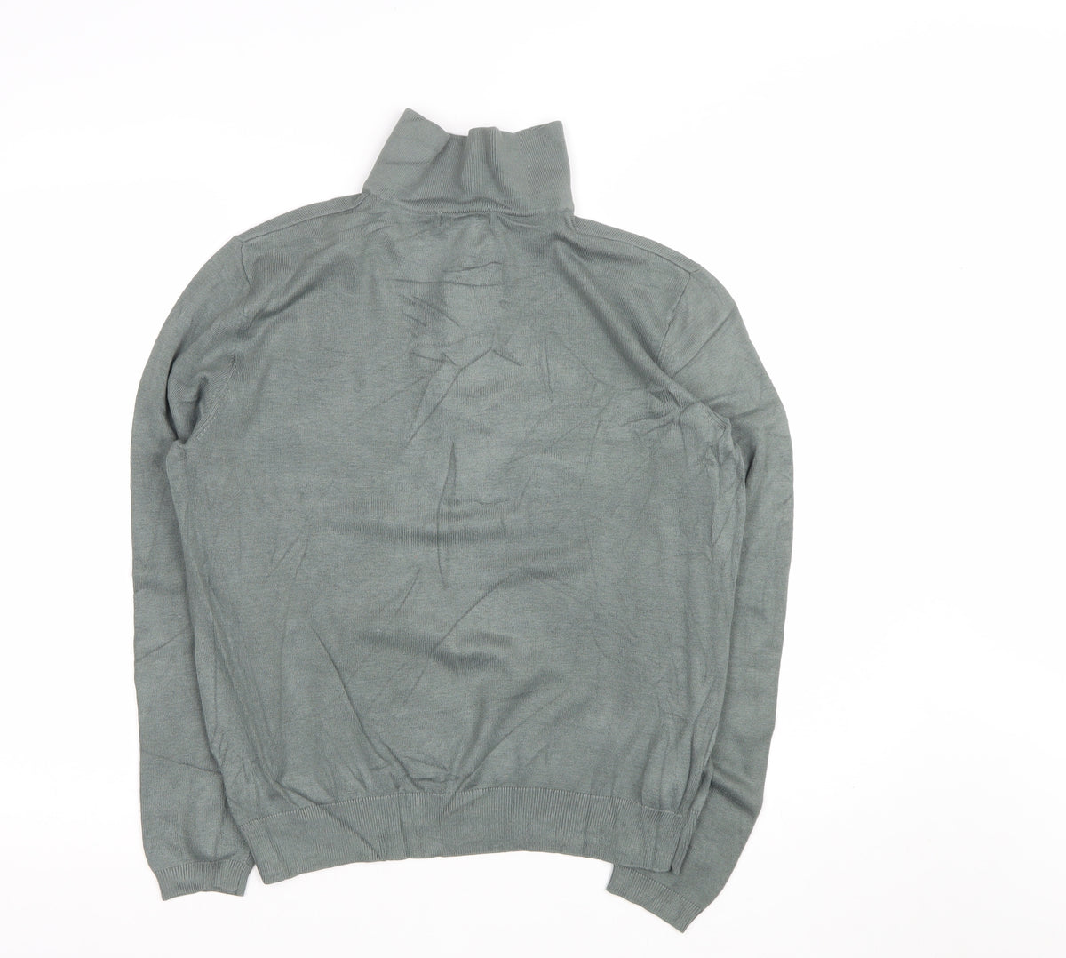 Basics Men's Green M Button Henley High Neck Fine Knit Jumper