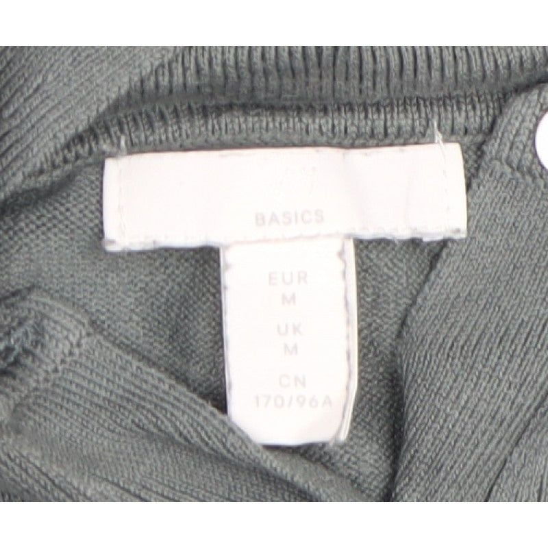 Basics Men's Green M Button Henley High Neck Fine Knit Jumper