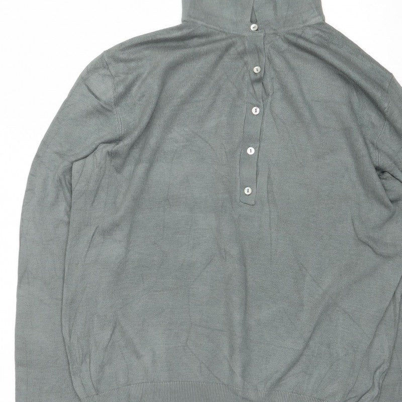 Basics Men's Green M Button Henley High Neck Fine Knit Jumper
