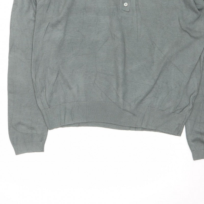 Basics Men's Green M Button Henley High Neck Fine Knit Jumper