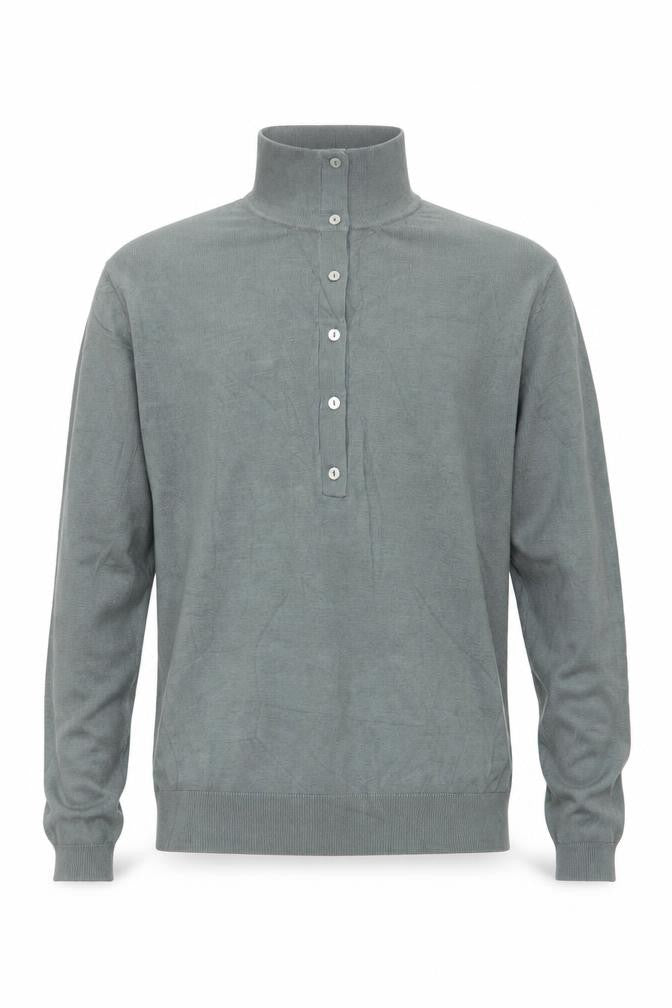 Basics Men's Green M Button Henley High Neck Fine Knit Jumper