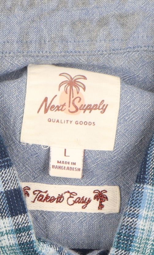 Next Supply Men’s Blue Plaid Check Long Sleeve Button-Up Shirt L
