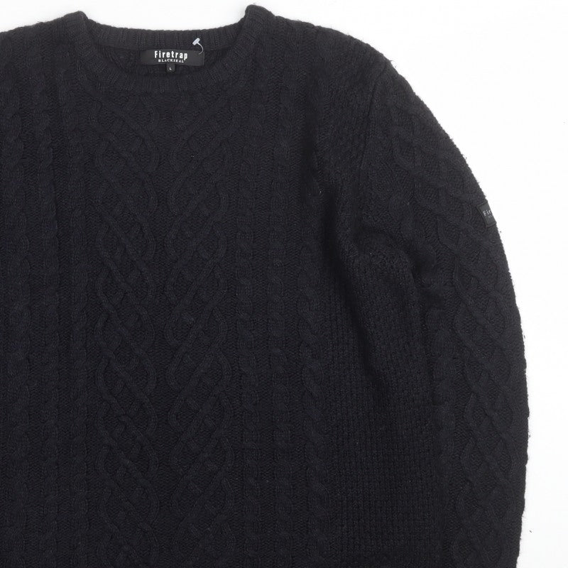 Firetrap Men’s Black L Cable Knit Crew Neck Pullover Jumper