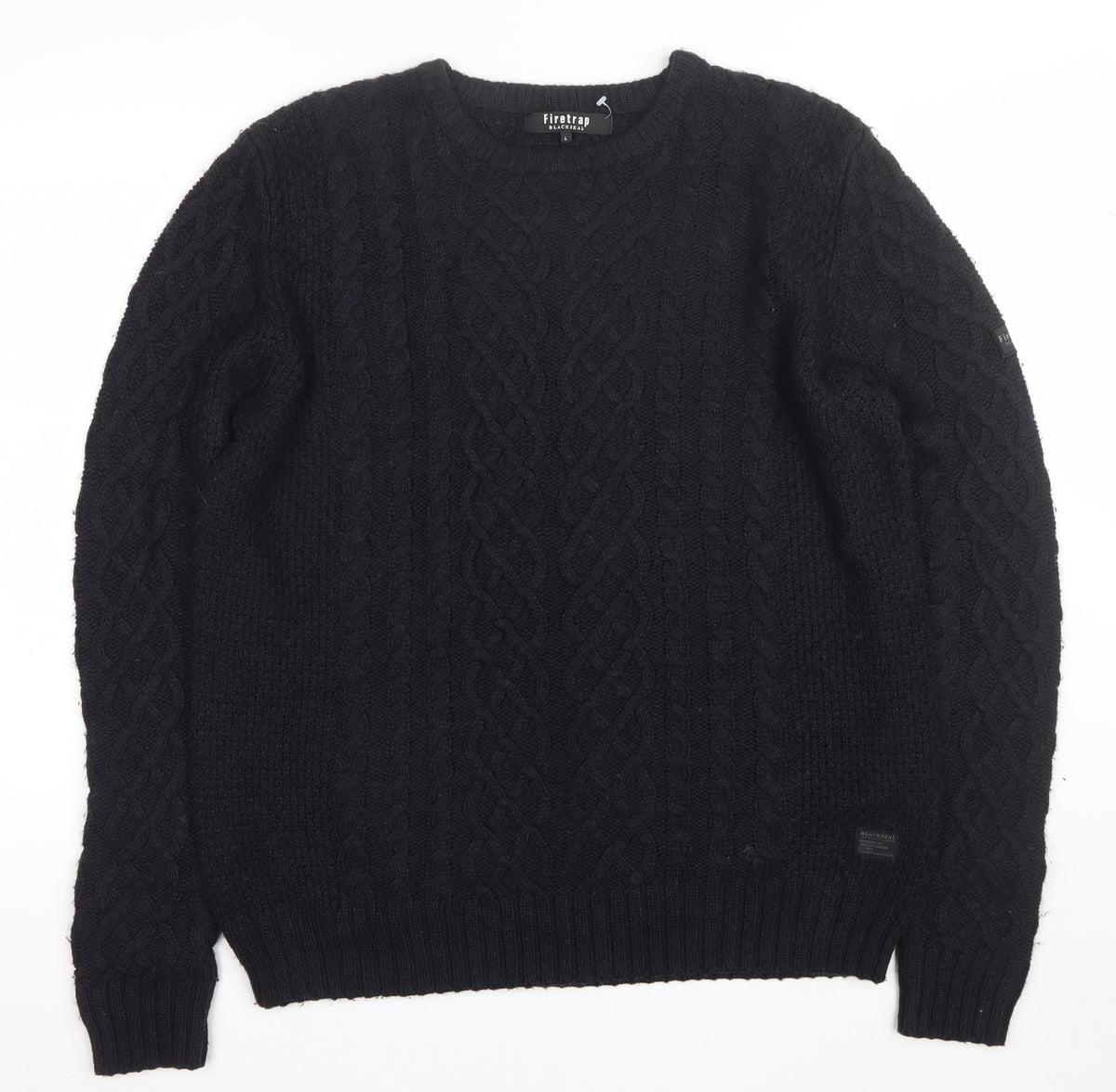 Firetrap Men’s Black L Cable Knit Crew Neck Pullover Jumper