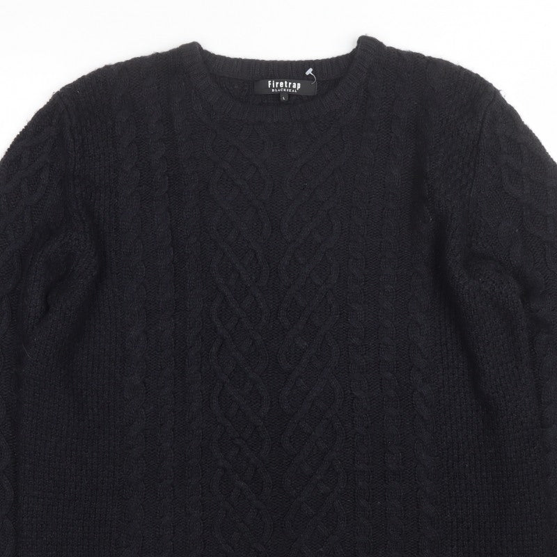Firetrap Men’s Black L Cable Knit Crew Neck Pullover Jumper