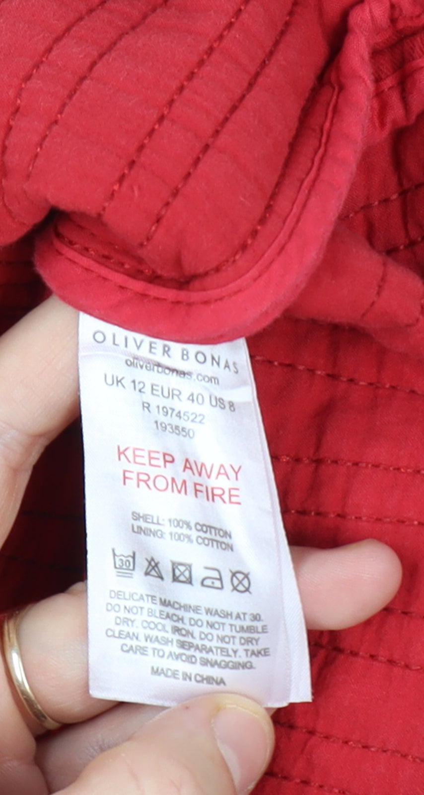 Oliver Bonas Women’s Red UK 12 Quilted Cotton Button Jacket