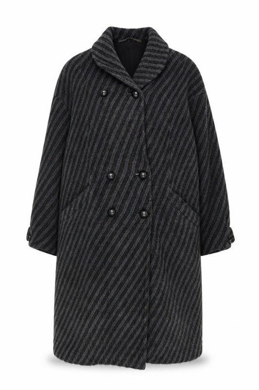 Ratti Donna Women’s Black Wool Stripe Long Pea Coat Double Breasted