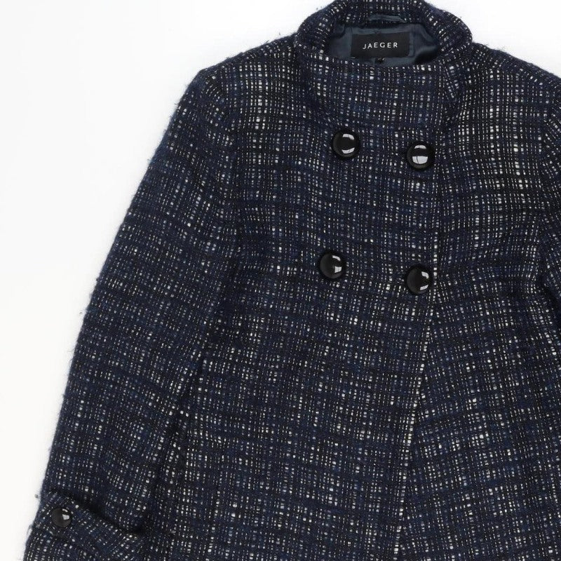 Jaeger Women’s Blue Check Wool Blend Pea Coat UK 12 Lined