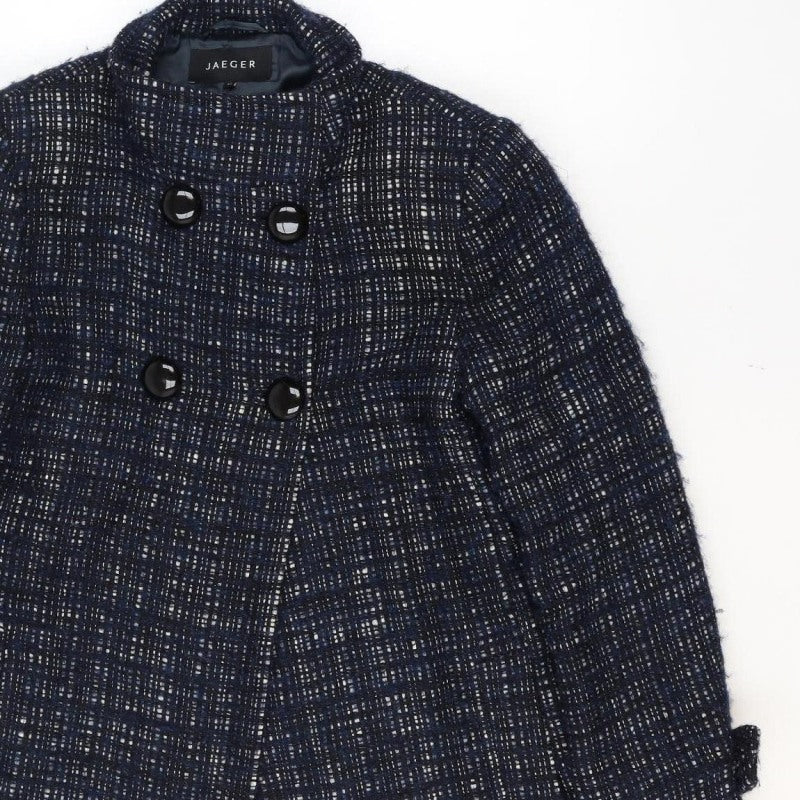 Jaeger Women’s Blue Check Wool Blend Pea Coat UK 12 Lined