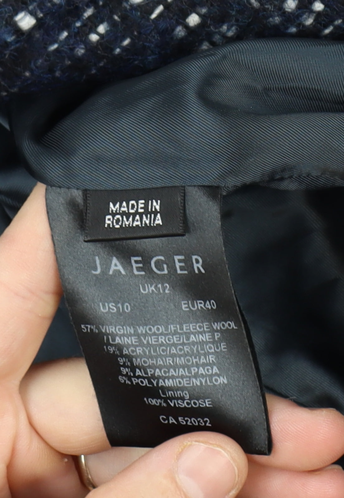 Jaeger Women’s Blue Check Wool Blend Pea Coat UK 12 Lined