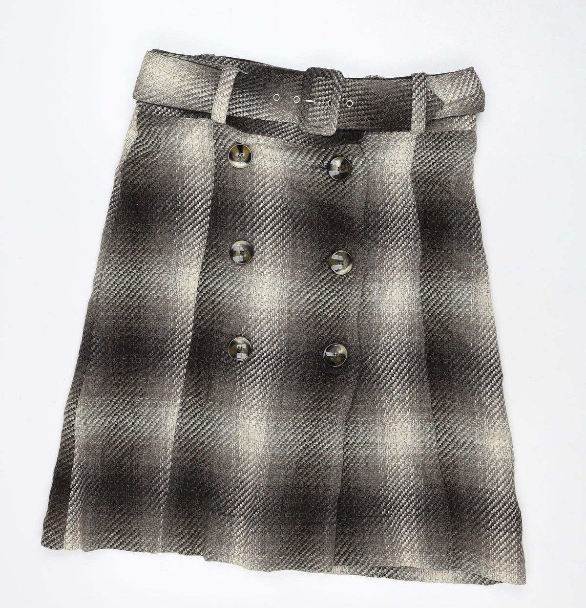 Next Women Brown Check Wool Blend Belted Wrap Mini Skirt UK 12