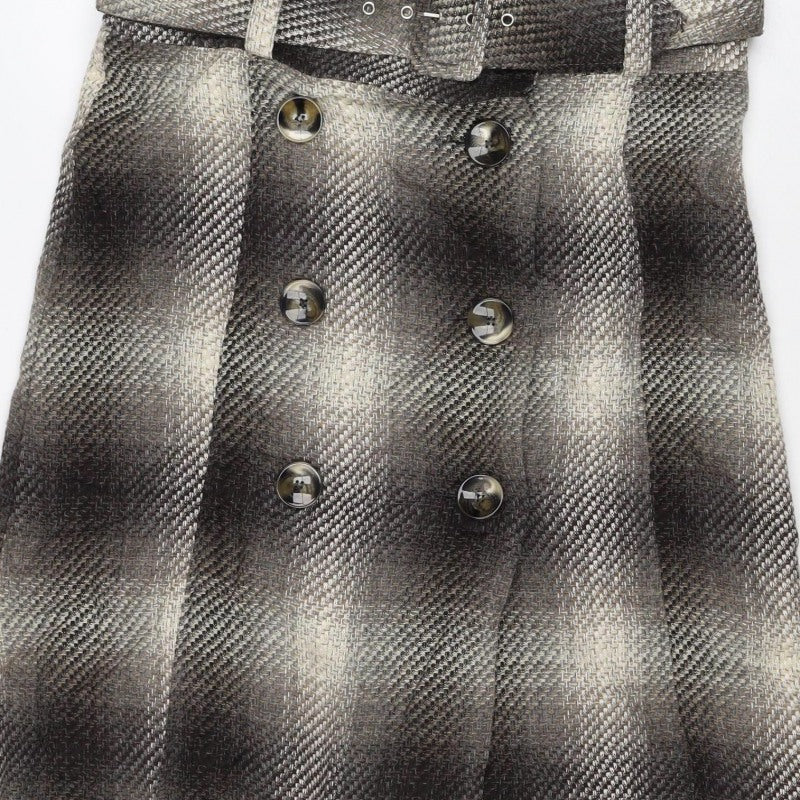 Next Women Brown Check Wool Blend Belted Wrap Mini Skirt UK 12