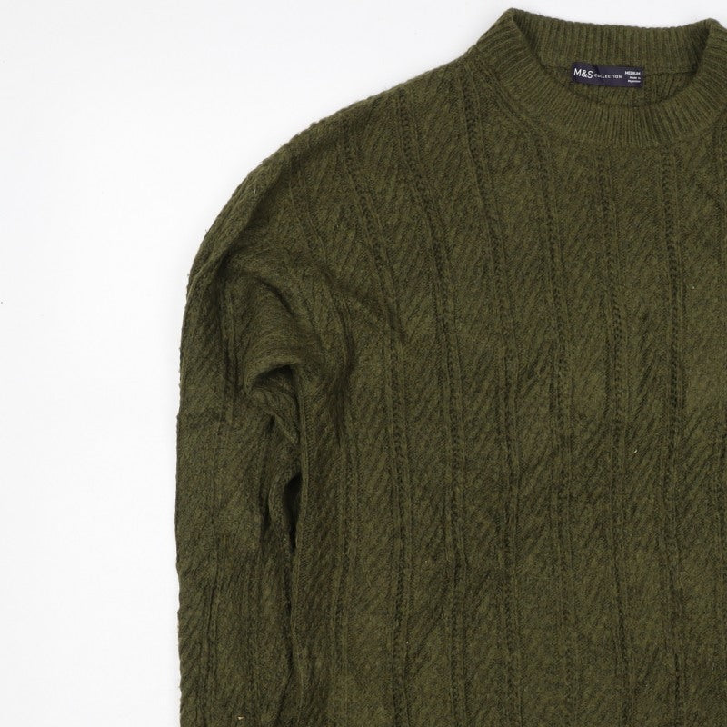 M&S Women’s Green M Cable Knit Mock Neck Pullover Jumper