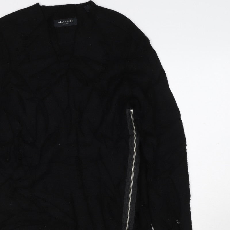 AllSaints Men Black XS Distressed Wool Cashmere Zip Cardigan