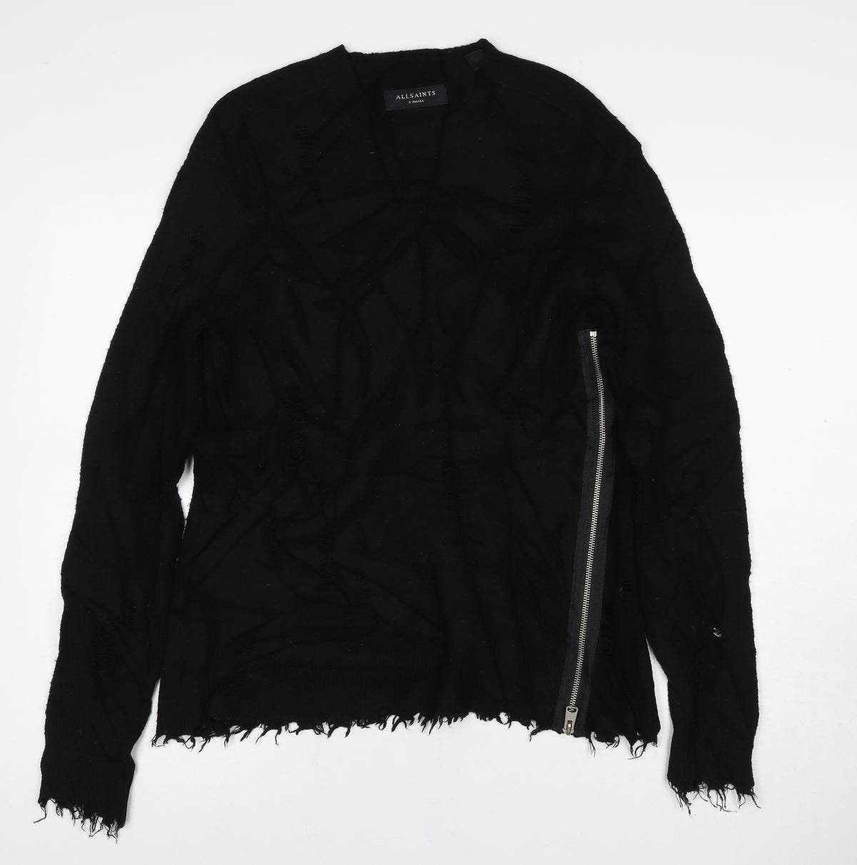 AllSaints Men Black XS Distressed Wool Cashmere Zip Cardigan
