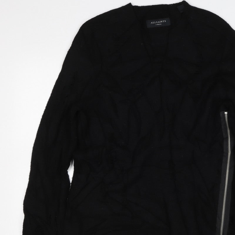 AllSaints Men Black XS Distressed Wool Cashmere Zip Cardigan
