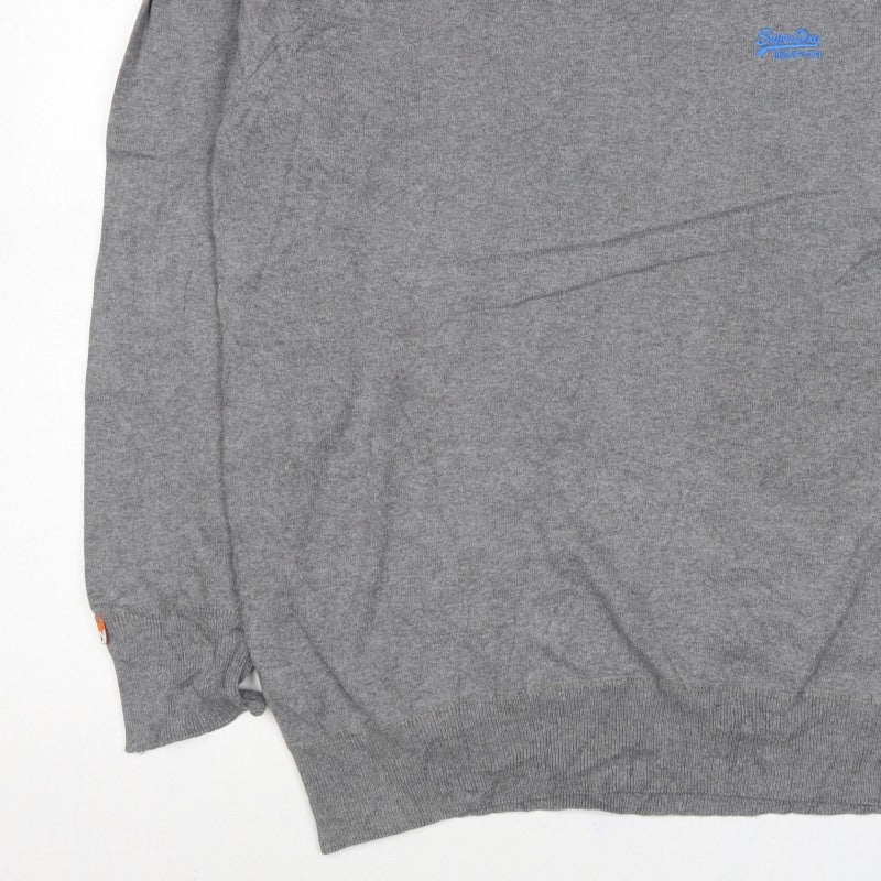 Superdry Men’s Grey 2XL V-Neck Cotton Knit Logo Pullover Jumper