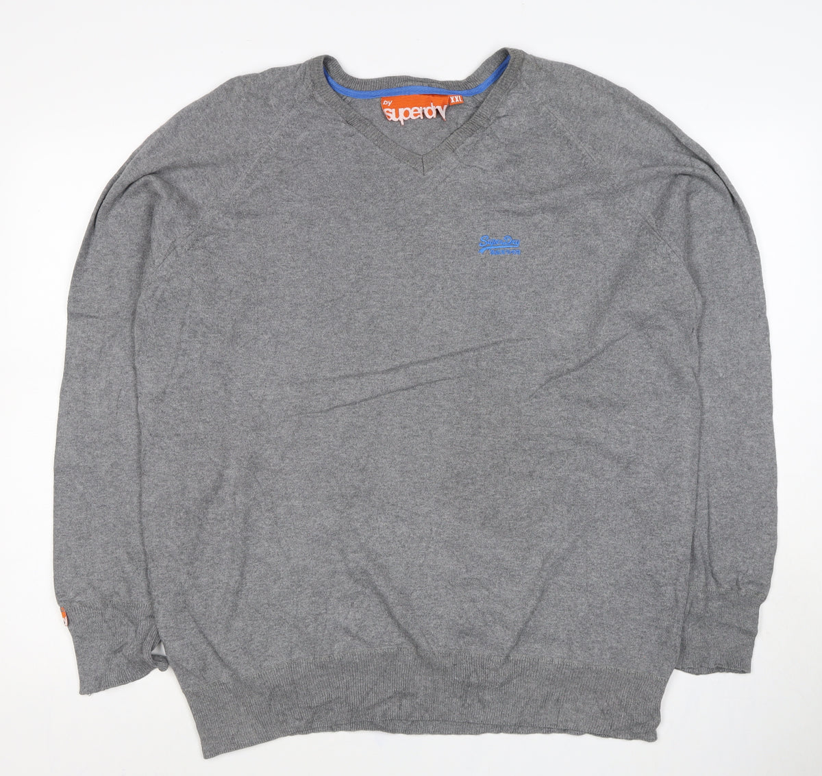 Superdry Men’s Grey 2XL V-Neck Cotton Knit Logo Pullover Jumper