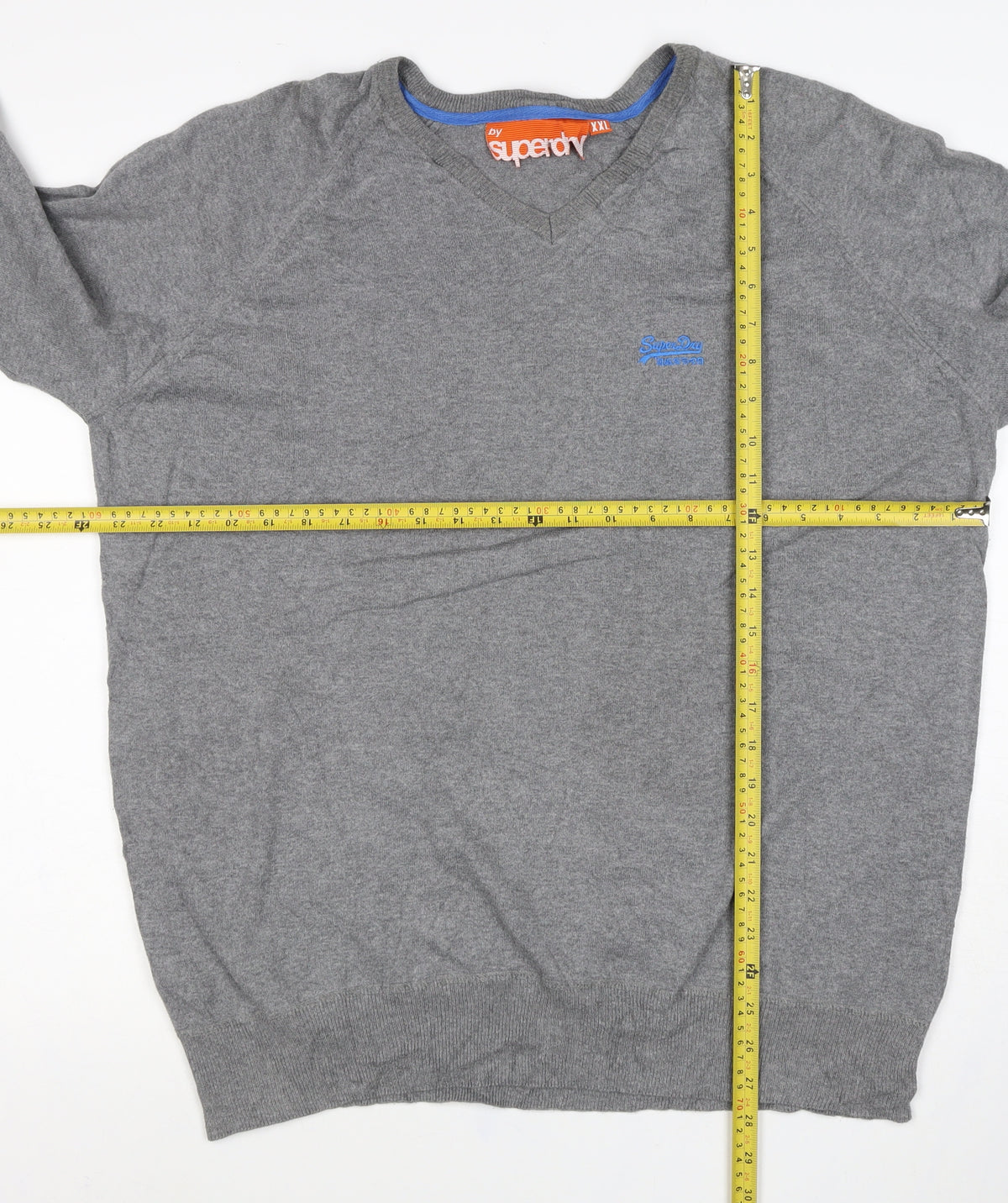 Superdry Men’s Grey 2XL V-Neck Cotton Knit Logo Pullover Jumper