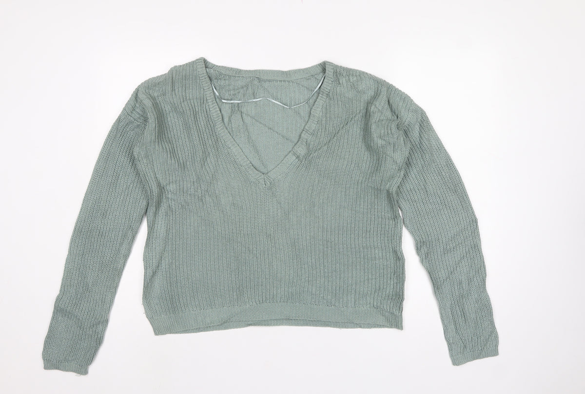 NA-KD Women’s Green XS V-Neck Cable Knit Pullover Jumper