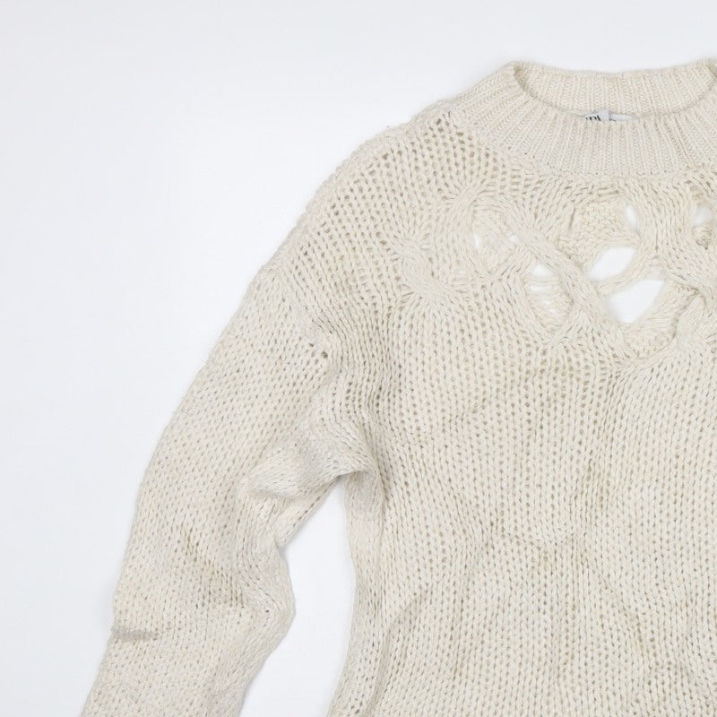 Zara Women Ivory M Cable Knit Openwork Crew Neck Jumper